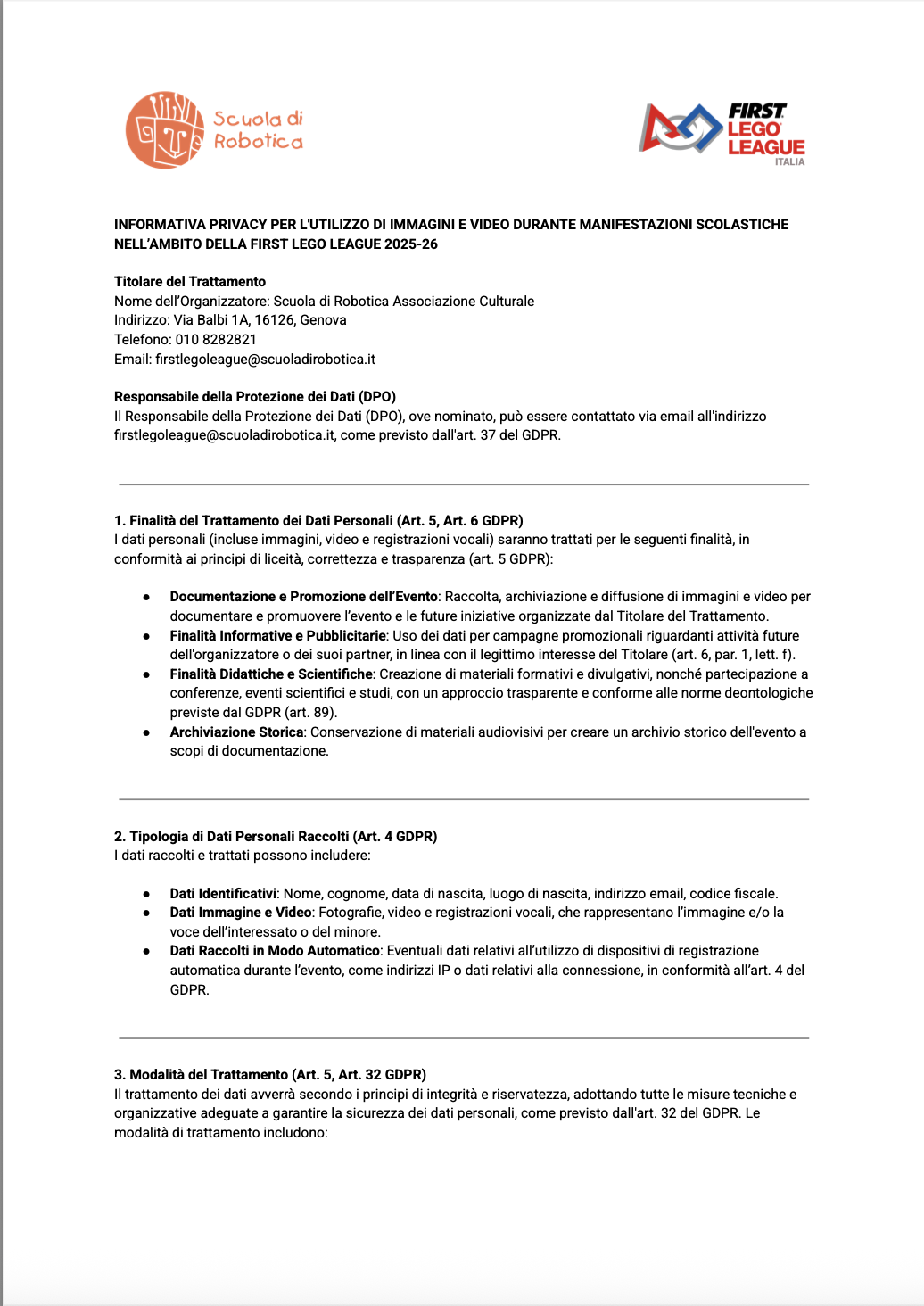 Informativa privacy e liberatoria immagini